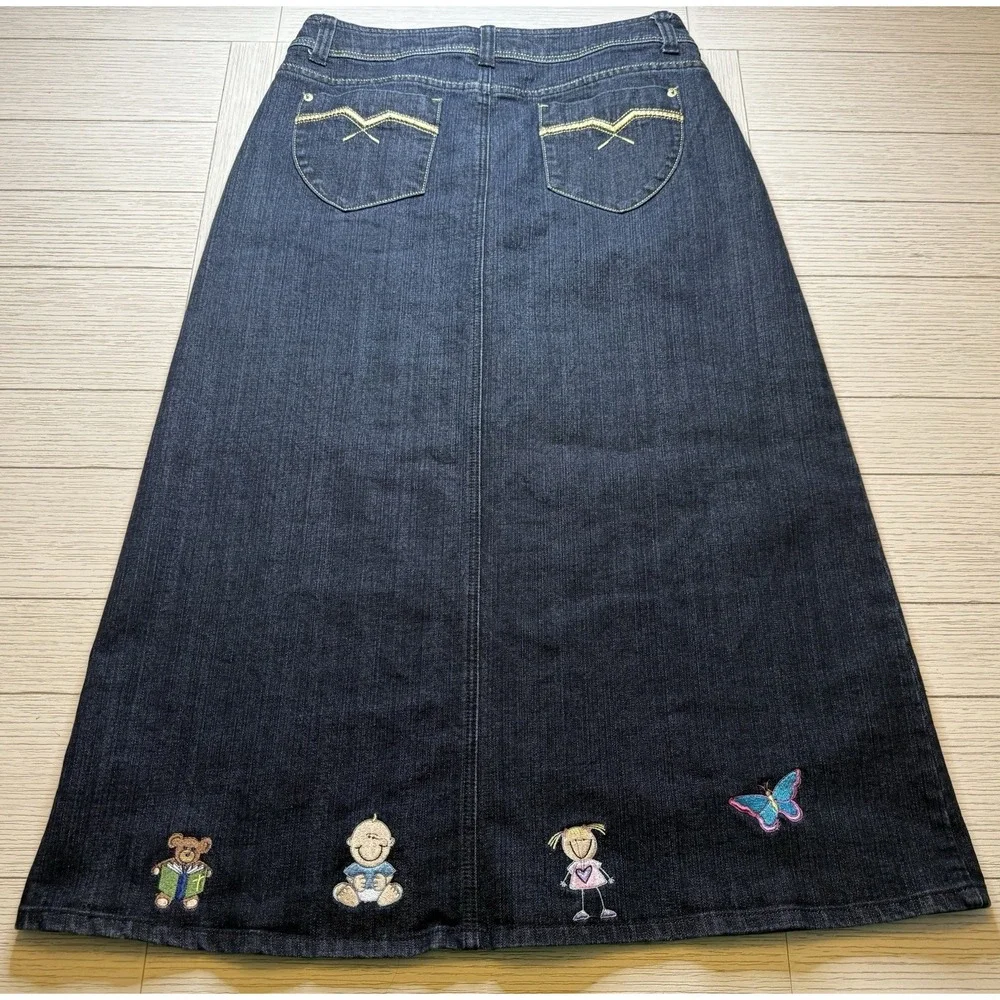 Baccini Women 90s Embroidered Butterfly Kids Flower Denim Maxi Skirt‎ Sz 12 Boho